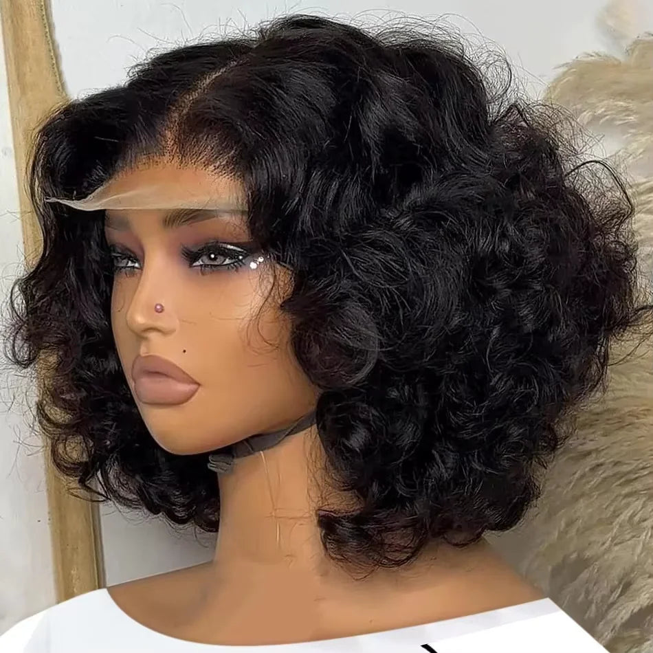 Wig Short Bob Wig Human Hair Glueless Human Hair Wavy 13x4 Transparent Lace Front Wigs For Women
