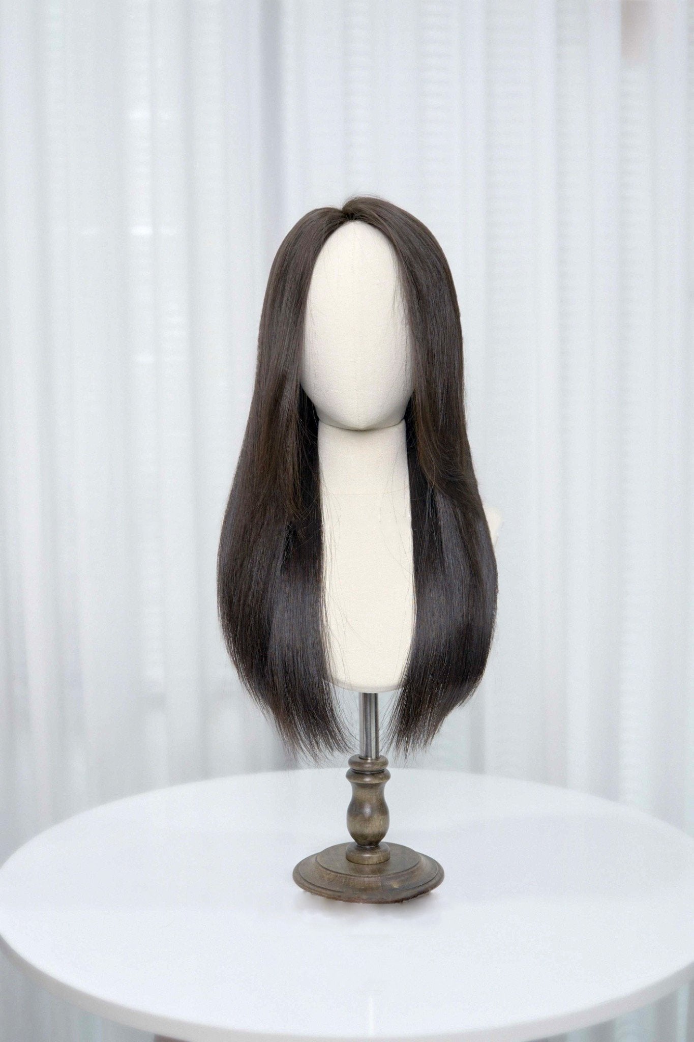 Premium 100% Human Hair Wig – Straight with Air Bangs – MONO Silk-Top Scalp