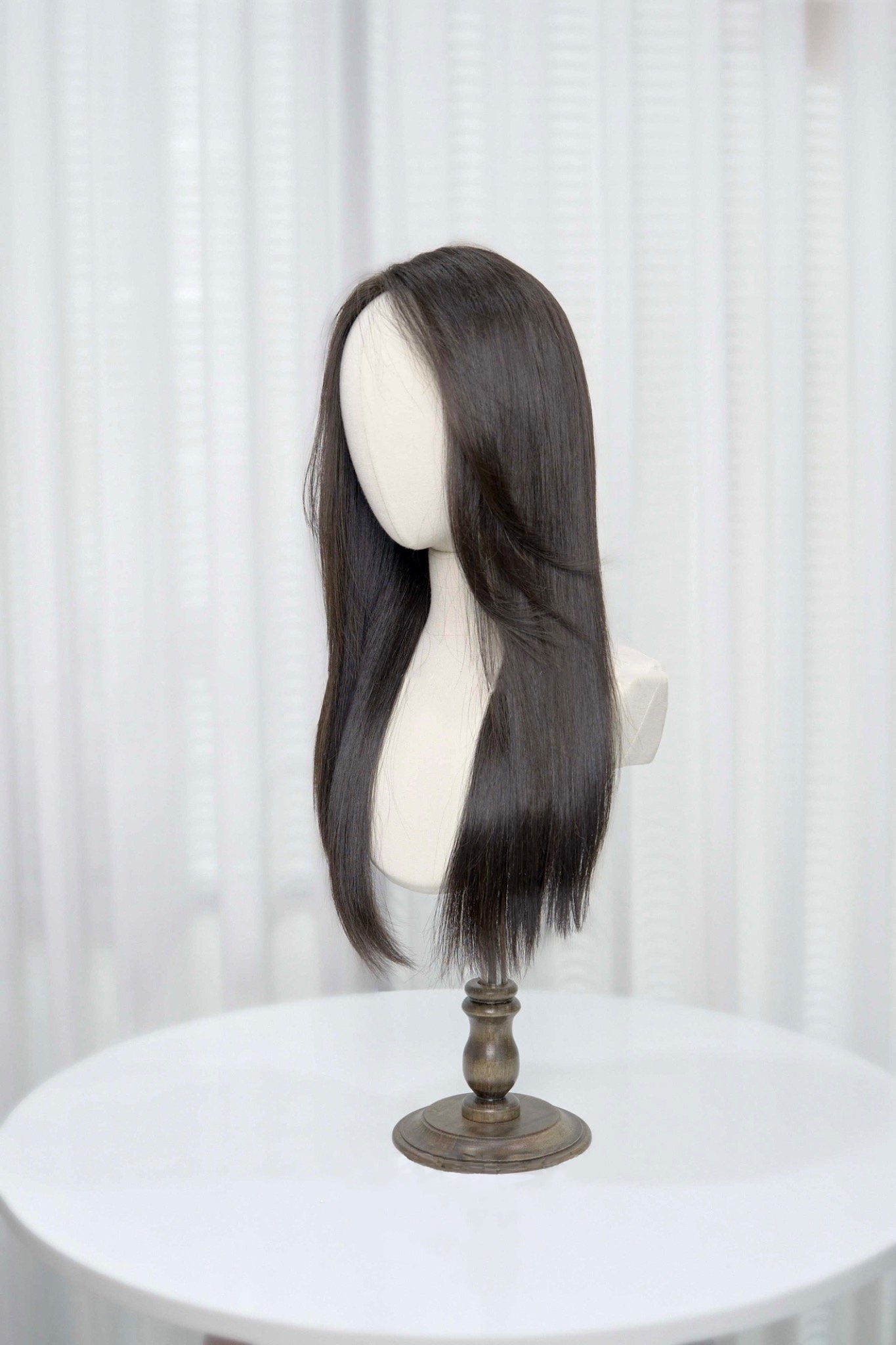 Premium 100% Human Hair Wig – Straight with Air Bangs – MONO Silk-Top Scalp